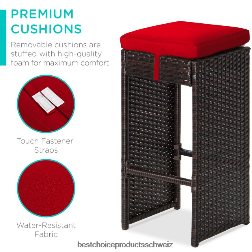 Best Choice Products 7-teiliges Bar-/Terrassen-Essset aus Korbgeflecht mit Glastischplatte und 6 Hockern Rot 2JD0221391