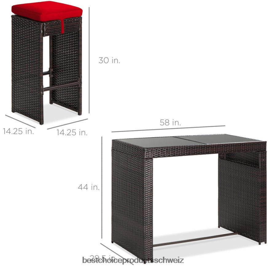 Best Choice Products 7-teiliges Bar-/Terrassen-Essset aus Korbgeflecht mit Glastischplatte und 6 Hockern Rot 2JD0221391