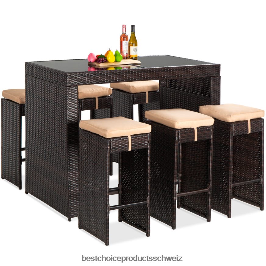 Best Choice Products 7-teiliges Bar-/Terrassen-Essset aus Korbgeflecht mit Glastischplatte und 6 Hockern braun 2JD0221394