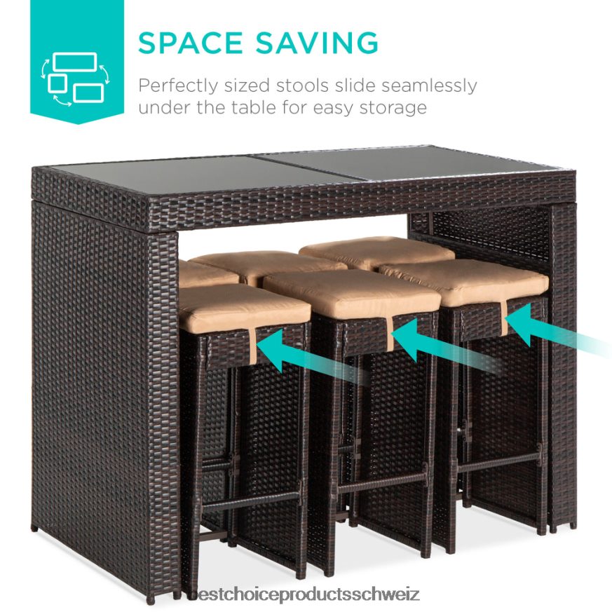 Best Choice Products 7-teiliges Bar-/Terrassen-Essset aus Korbgeflecht mit Glastischplatte und 6 Hockern braun 2JD0221394