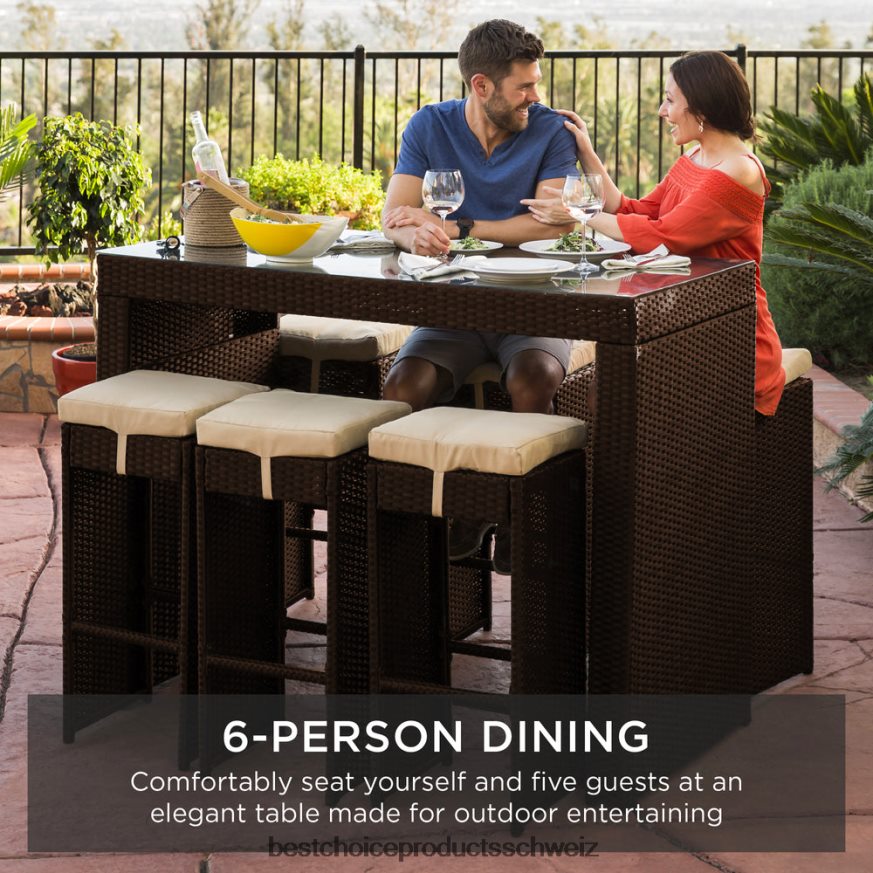 Best Choice Products 7-teiliges Bar-/Terrassen-Essset aus Korbgeflecht mit Glastischplatte und 6 Hockern braun 2JD0221394