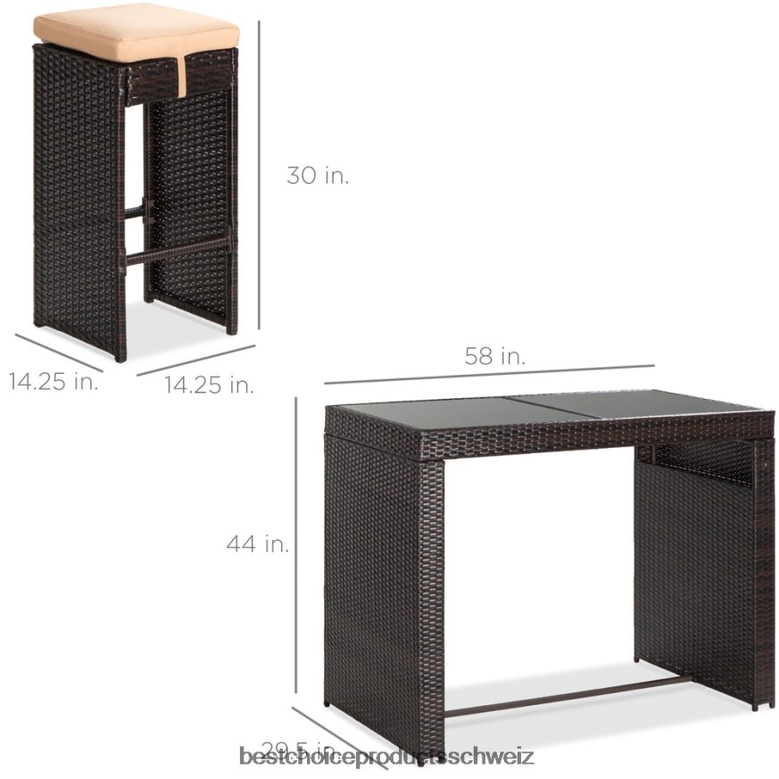 Best Choice Products 7-teiliges Bar-/Terrassen-Essset aus Korbgeflecht mit Glastischplatte und 6 Hockern braun 2JD0221394