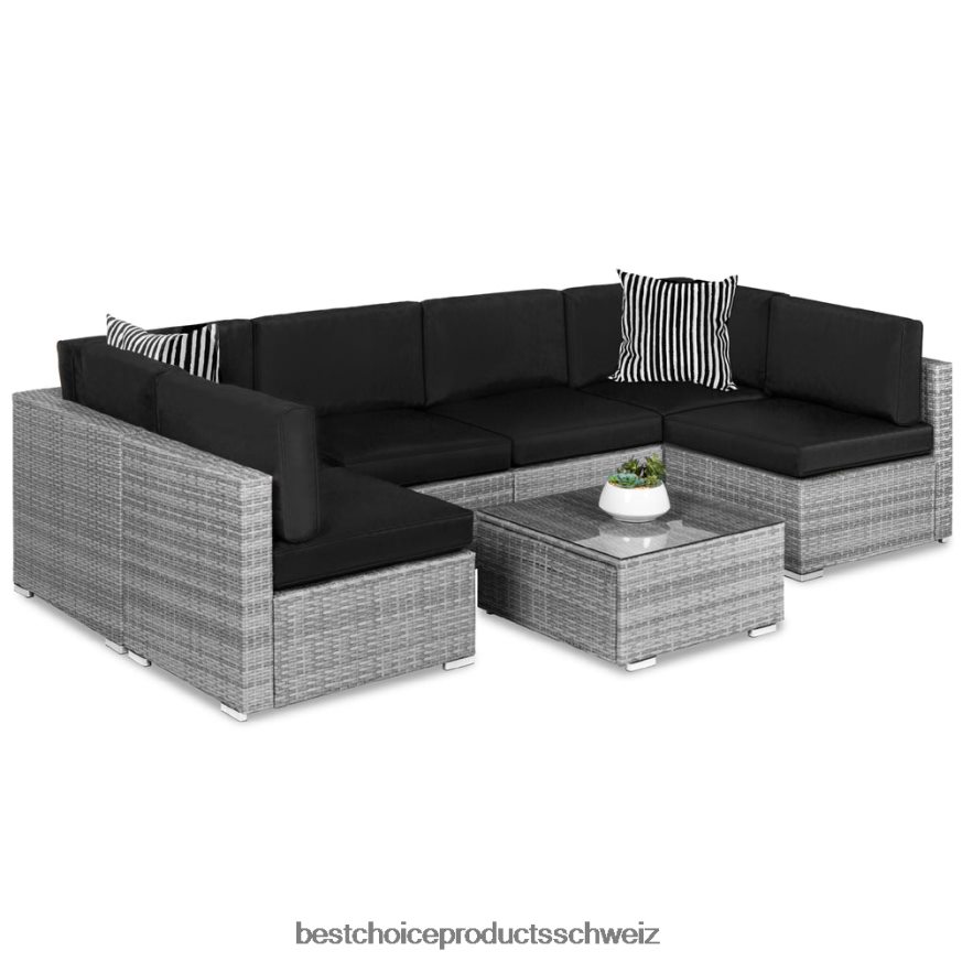 Best Choice Products 7-teiliges modulares Gesprächsset aus Korbgeflecht mit 2 Kissen und Bezug Grauschwarz 2JD0221306