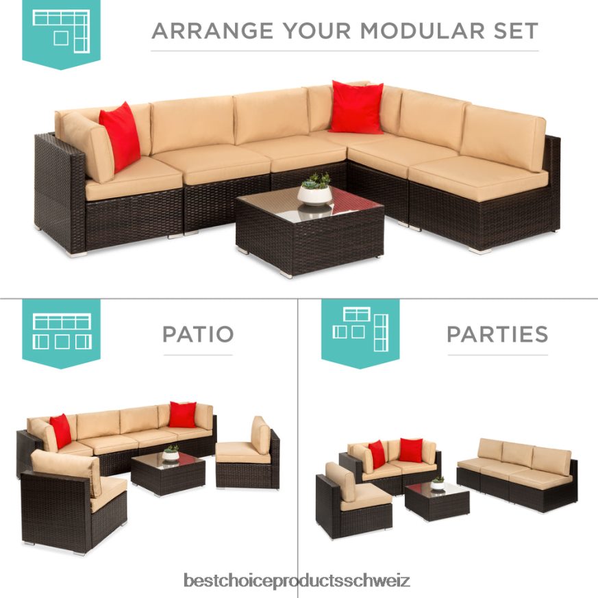 Best Choice Products 7-teiliges modulares Gesprächsset aus Korbgeflecht mit 2 Kissen und Bezug braun/braun 2JD0221307
