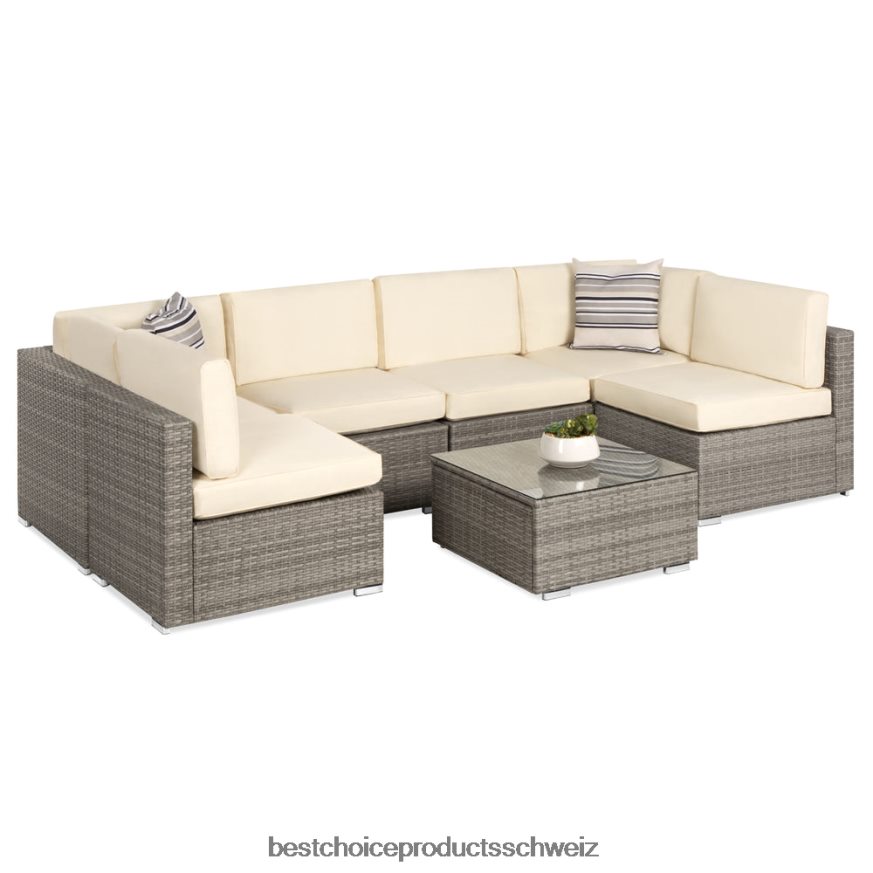 Best Choice Products 7-teiliges modulares Gesprächsset aus Korbgeflecht mit 2 Kissen und Bezug grau/creme 2JD0221305