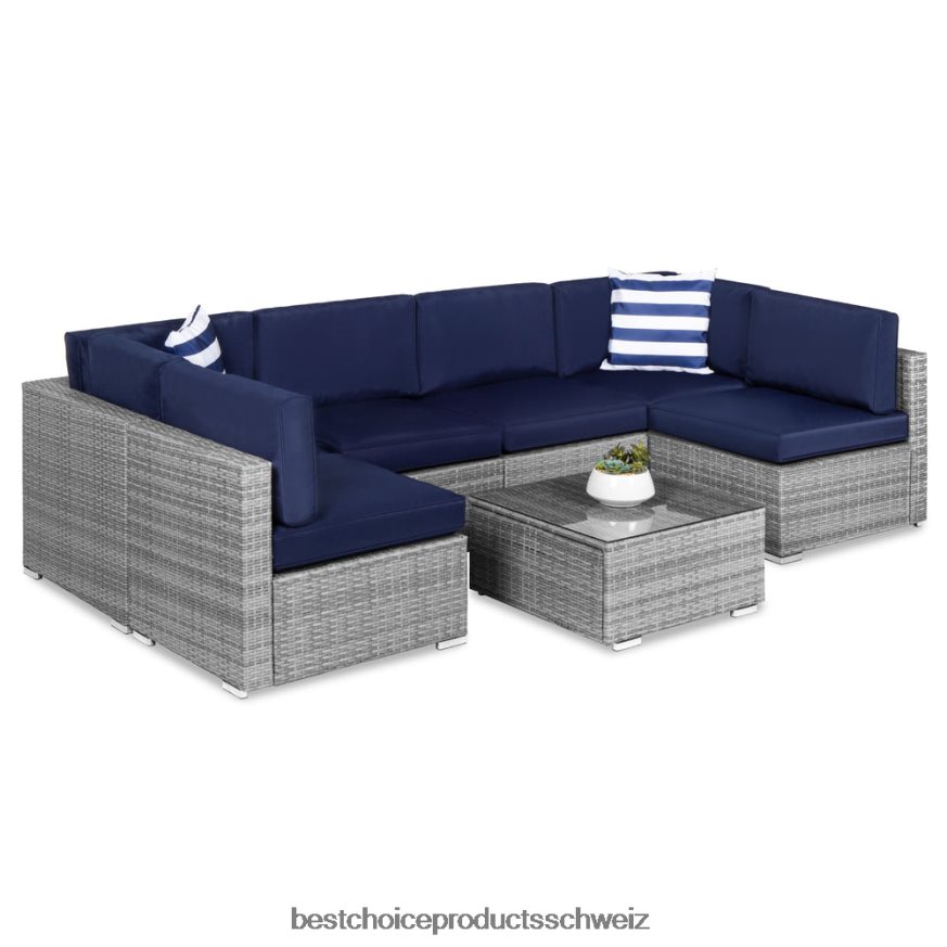 Best Choice Products 7-teiliges modulares Gesprächsset aus Korbgeflecht mit 2 Kissen und Bezug grau/marine 2JD0221304