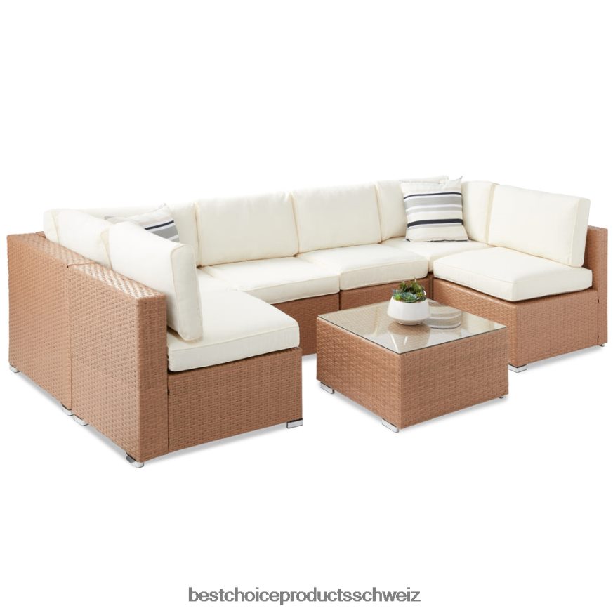 Best Choice Products 7-teiliges modulares Gesprächsset aus Korbgeflecht mit 2 Kissen und Bezug natur/elfenbein 2JD0221310