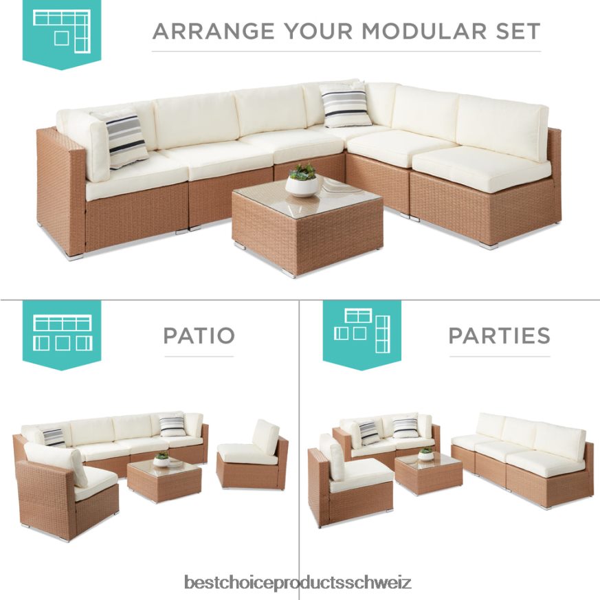 Best Choice Products 7-teiliges modulares Gesprächsset aus Korbgeflecht mit 2 Kissen und Bezug natur/elfenbein 2JD0221310