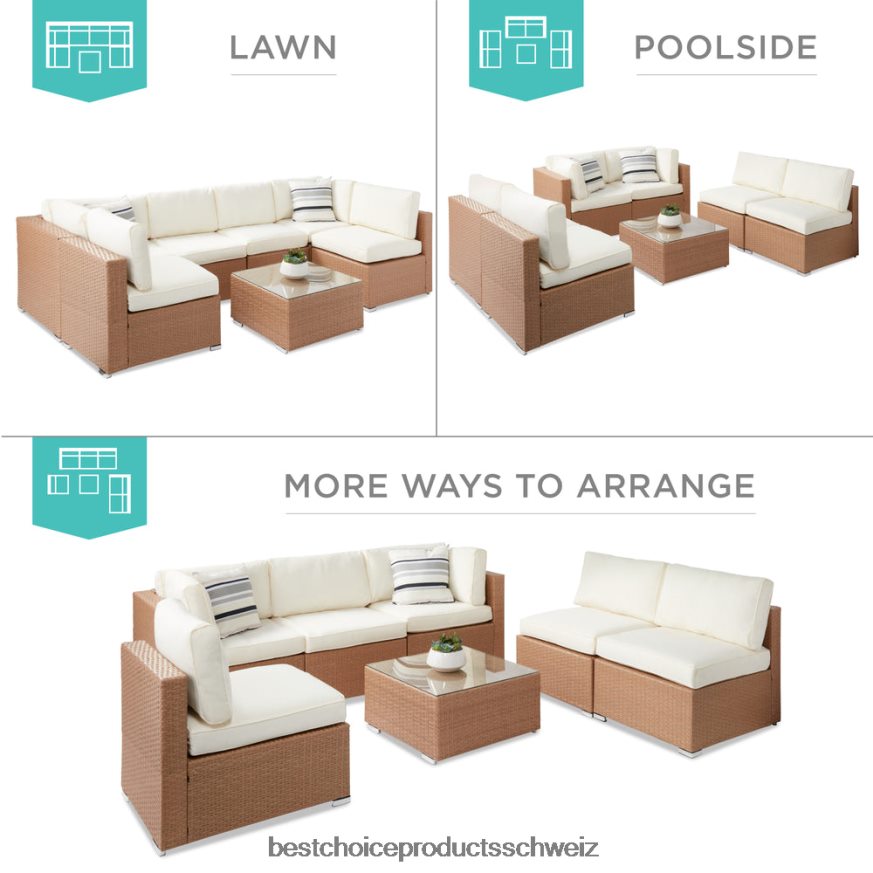 Best Choice Products 7-teiliges modulares Gesprächsset aus Korbgeflecht mit 2 Kissen und Bezug natur/elfenbein 2JD0221310
