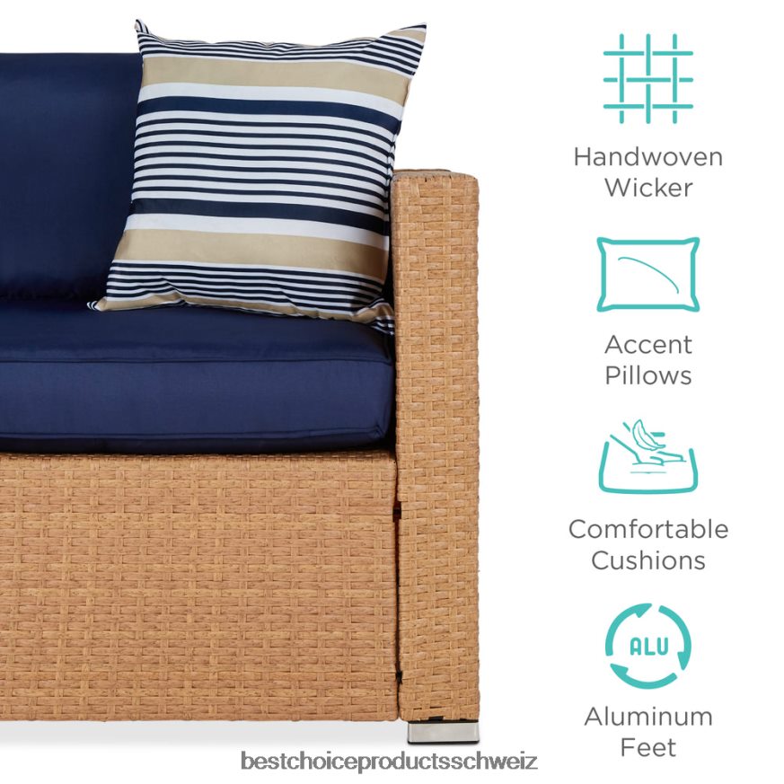 Best Choice Products 7-teiliges modulares Gesprächsset aus Korbgeflecht mit 2 Kissen und Bezug natur/marine 2JD0221309