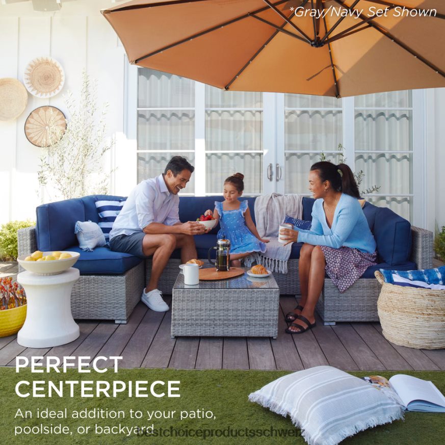 Best Choice Products 7-teiliges modulares Gesprächsset aus Korbgeflecht mit 2 Kissen und Bezug natur/marine 2JD0221309