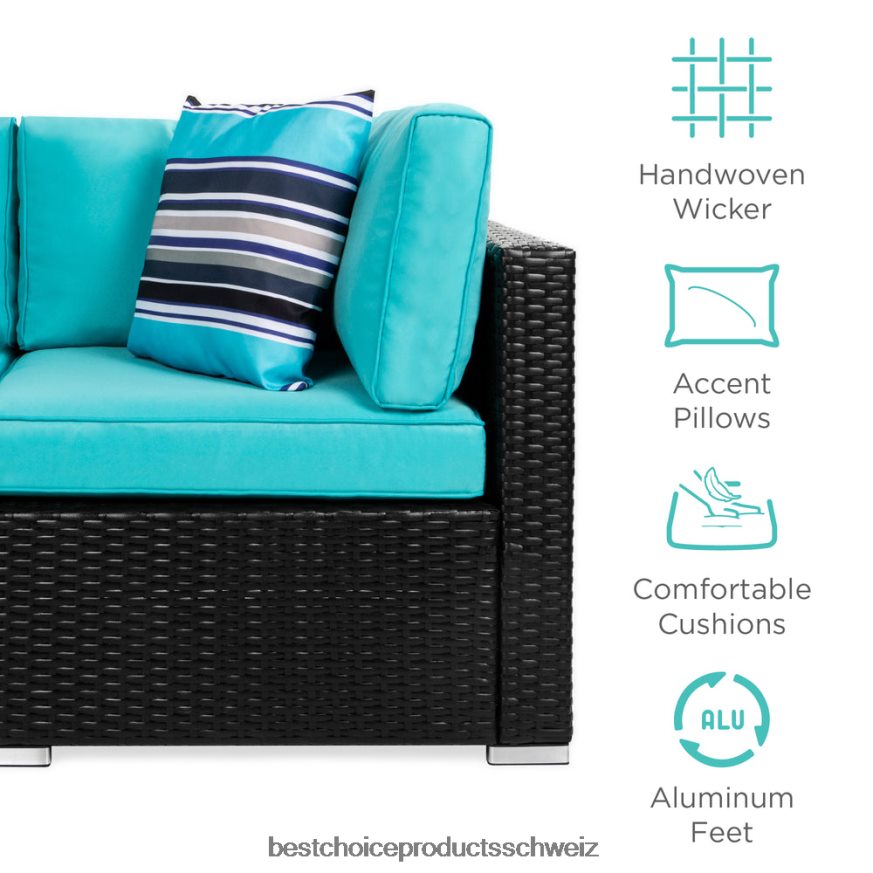 Best Choice Products 7-teiliges modulares Gesprächsset aus Korbgeflecht mit 2 Kissen und Bezug schwarz/blaugrün 2JD0221308