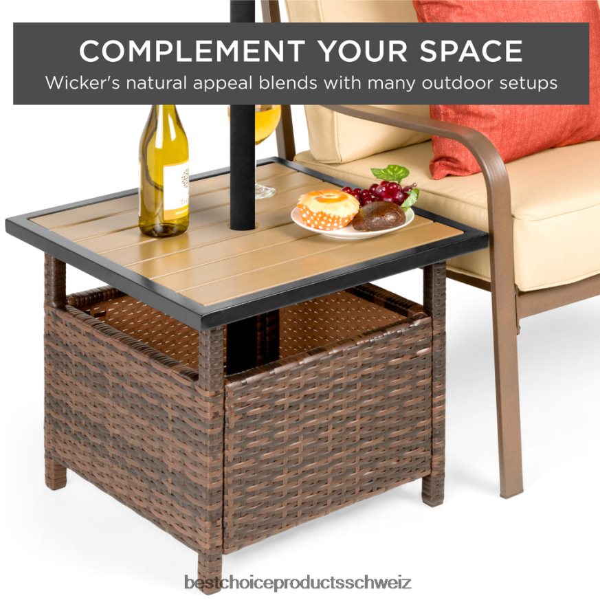 Best Choice Products Beistelltisch aus Korbgeflecht für den Außenbereich, Akzentmöbel mit Schirmloch braun 2JD022930