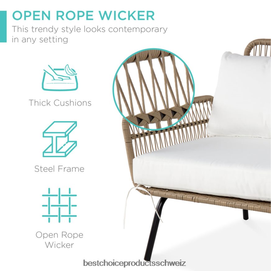 Best Choice Products L-förmige Sofagarnitur aus Seilgeflecht mit abnehmbarer Liege und Tisch Weiß 2JD022402