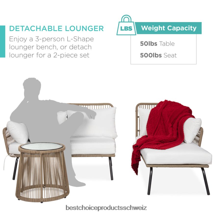Best Choice Products L-förmige Sofagarnitur aus Seilgeflecht mit abnehmbarer Liege und Tisch Weiß 2JD022402