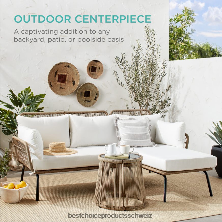 Best Choice Products L-förmige Sofagarnitur aus Seilgeflecht mit abnehmbarer Liege und Tisch Weiß 2JD022402