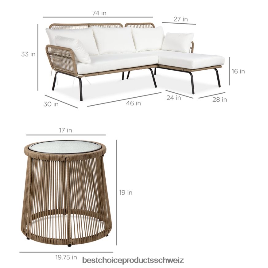 Best Choice Products L-förmige Sofagarnitur aus Seilgeflecht mit abnehmbarer Liege und Tisch Weiß 2JD022402