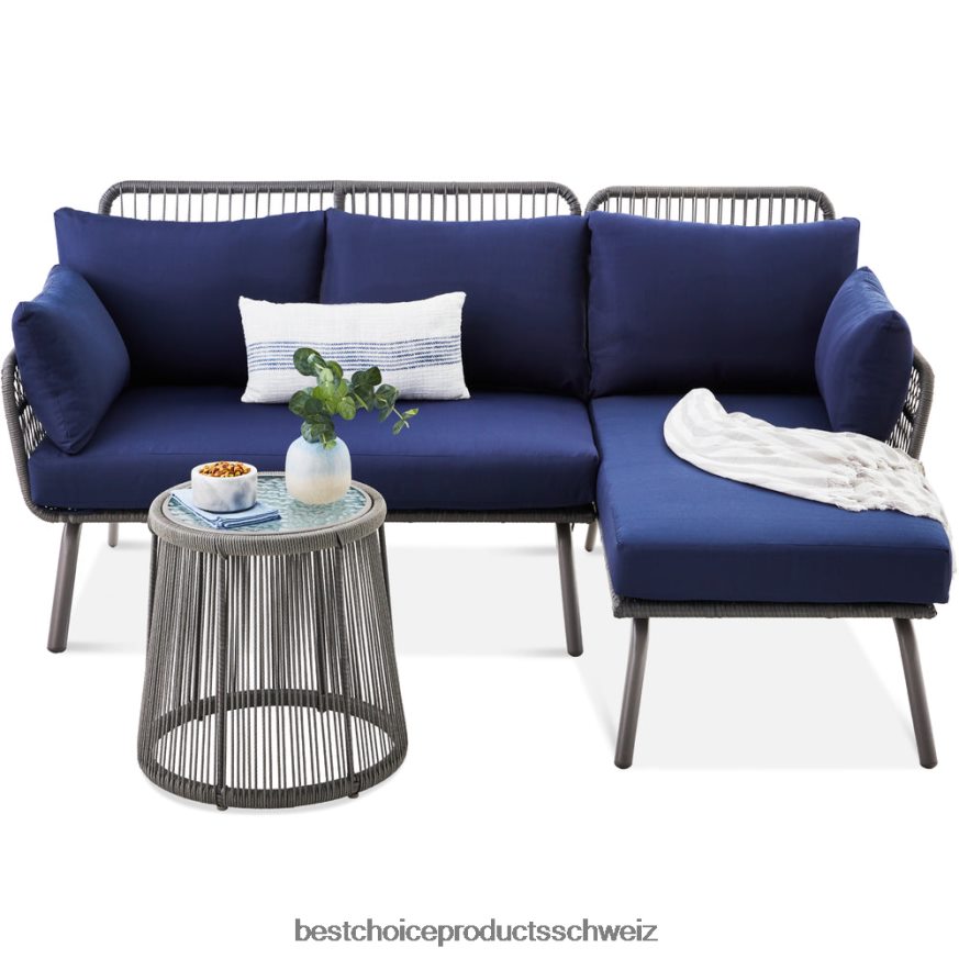 Best Choice Products L-förmige Sofagarnitur aus Seilgeflecht mit abnehmbarer Liege und Tisch grau/marine 2JD022404