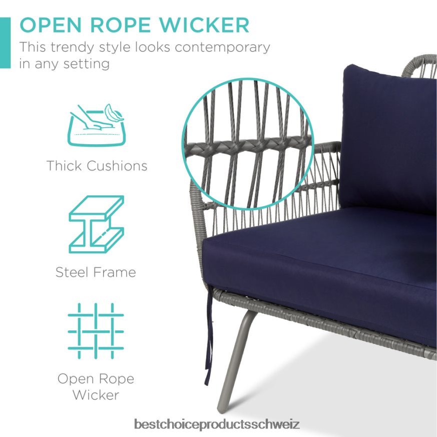 Best Choice Products L-förmige Sofagarnitur aus Seilgeflecht mit abnehmbarer Liege und Tisch grau/marine 2JD022404