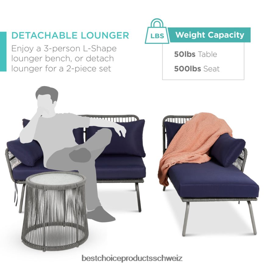 Best Choice Products L-förmige Sofagarnitur aus Seilgeflecht mit abnehmbarer Liege und Tisch grau/marine 2JD022404