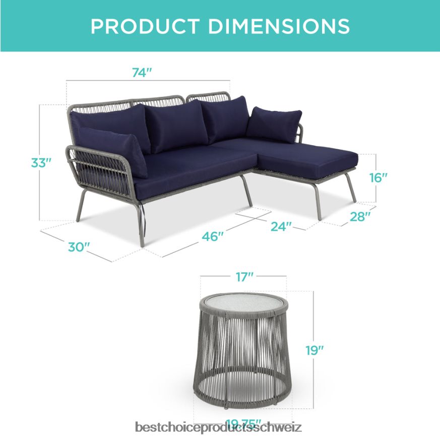 Best Choice Products L-förmige Sofagarnitur aus Seilgeflecht mit abnehmbarer Liege und Tisch grau/marine 2JD022404