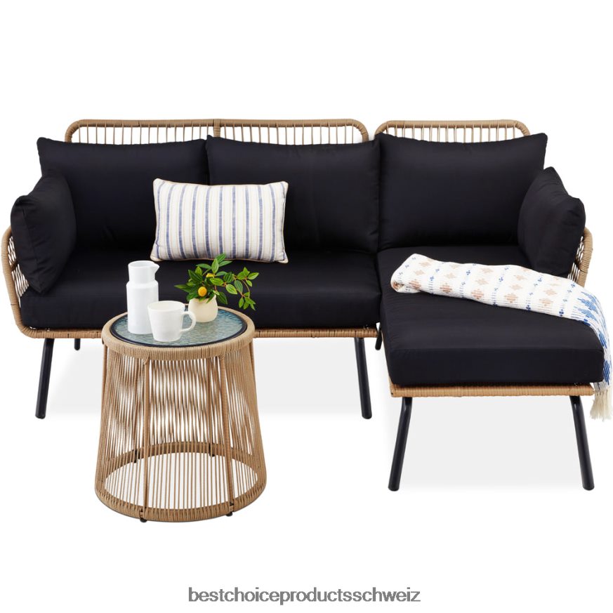 Best Choice Products L-förmige Sofagarnitur aus Seilgeflecht mit abnehmbarer Liege und Tisch natur/schwarz 2JD022405