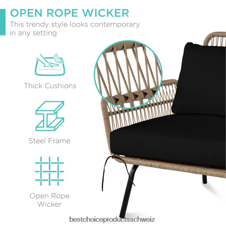 Best Choice Products L-förmige Sofagarnitur aus Seilgeflecht mit abnehmbarer Liege und Tisch natur/schwarz 2JD022405