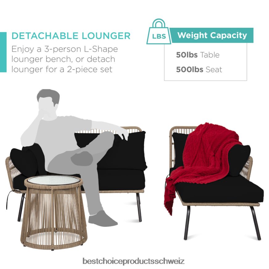 Best Choice Products L-förmige Sofagarnitur aus Seilgeflecht mit abnehmbarer Liege und Tisch natur/schwarz 2JD022405