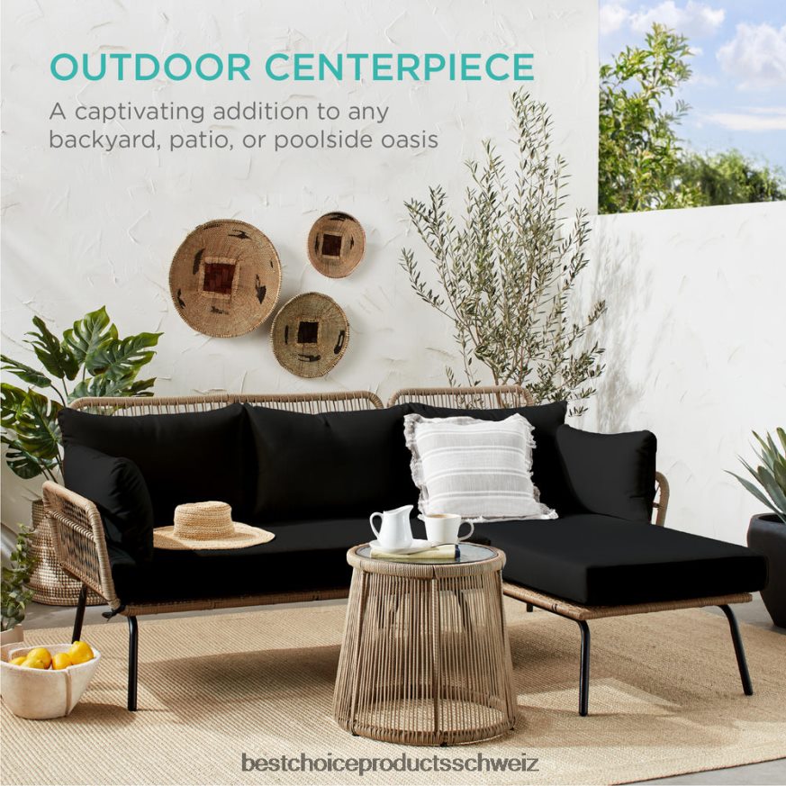 Best Choice Products L-förmige Sofagarnitur aus Seilgeflecht mit abnehmbarer Liege und Tisch natur/schwarz 2JD022405