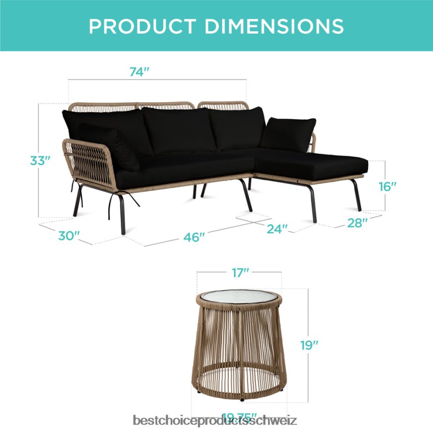 Best Choice Products L-förmige Sofagarnitur aus Seilgeflecht mit abnehmbarer Liege und Tisch natur/schwarz 2JD022405