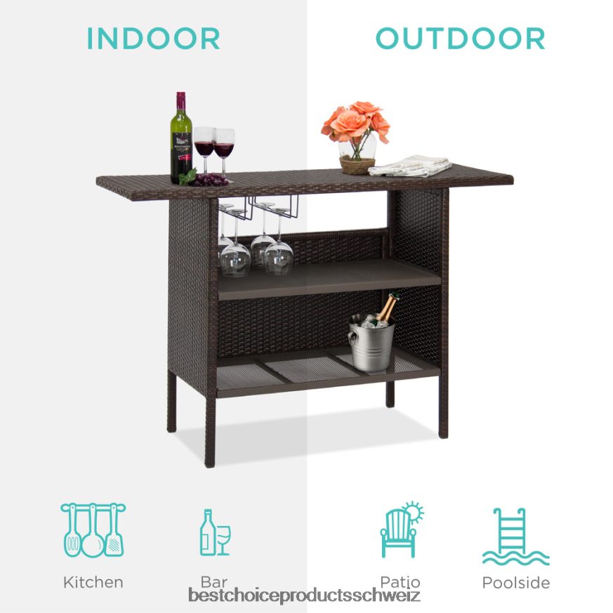 Best Choice Products Outdoor-Barthekentisch aus Korbgeflecht mit 2 Stahlregalen und 2 Schienen braun 2JD022932