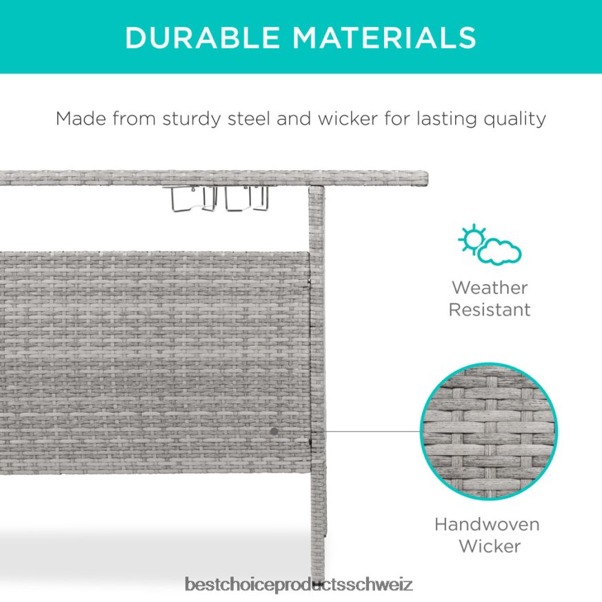 Best Choice Products Outdoor-Barthekentisch aus Korbgeflecht mit 2 Stahlregalen und 2 Schienen grau 2JD022933