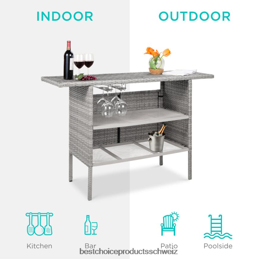 Best Choice Products Outdoor-Barthekentisch aus Korbgeflecht mit 2 Stahlregalen und 2 Schienen grau 2JD022933