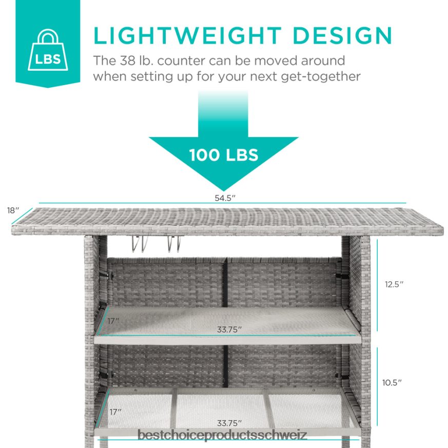 Best Choice Products Outdoor-Barthekentisch aus Korbgeflecht mit 2 Stahlregalen und 2 Schienen grau 2JD022933