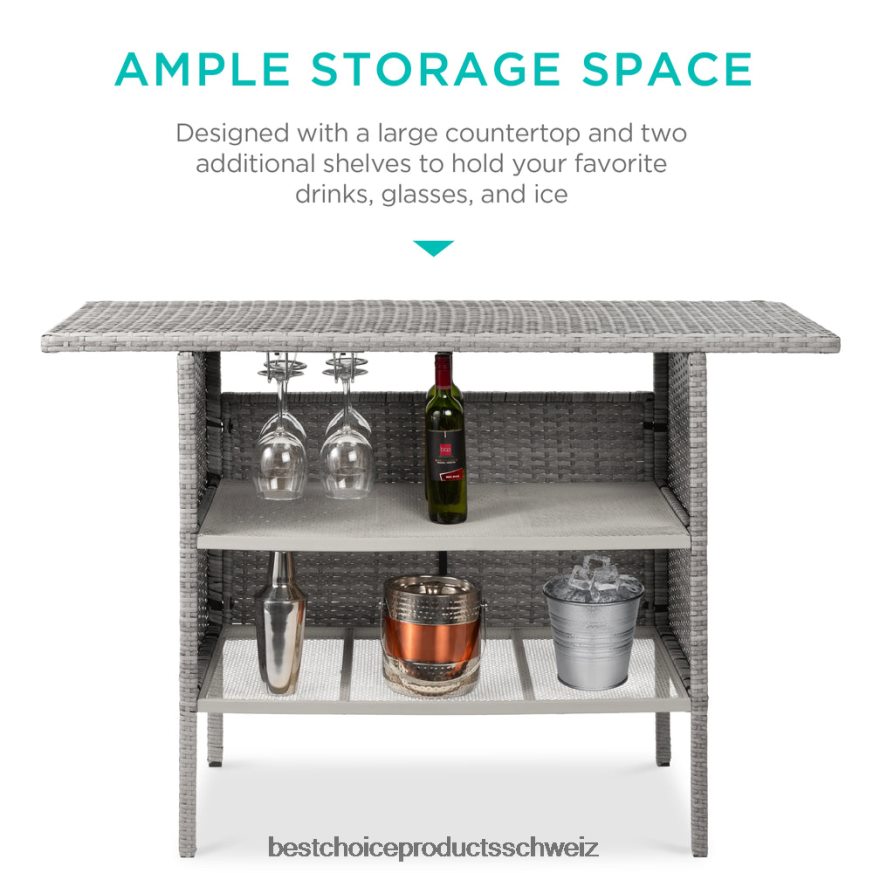 Best Choice Products Outdoor-Barthekentisch aus Korbgeflecht mit 2 Stahlregalen und 2 Schienen grau 2JD022933