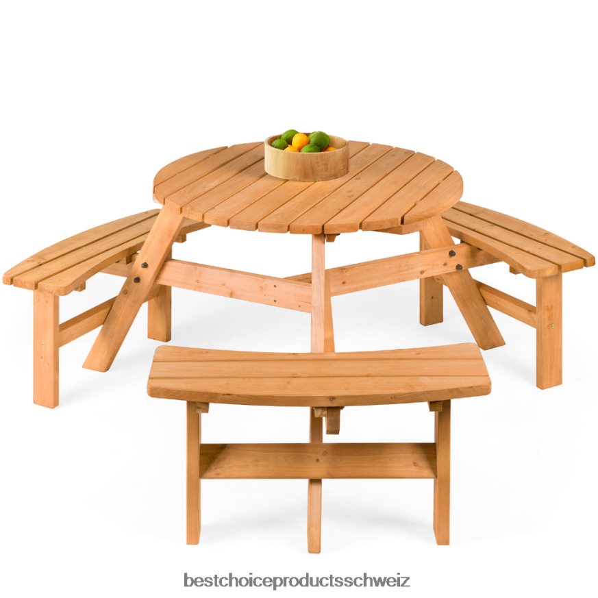 Best Choice Products Runder Picknicktisch aus Holz für 6 Personen mit Schirmloch, 3 Bänke natürlich 2JD0221480