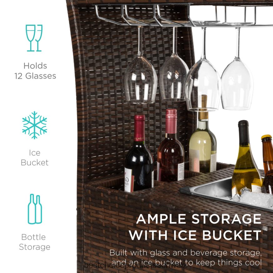 Best Choice Products Servierwagen aus Korbgeflecht mit Rädern, Glastheke und Eiskübel braun 2JD022944