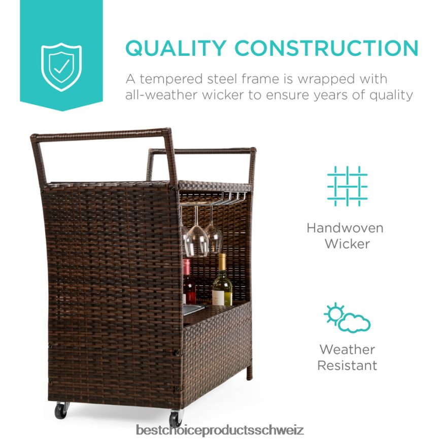 Best Choice Products Servierwagen aus Korbgeflecht mit Rädern, Glastheke und Eiskübel braun 2JD022944