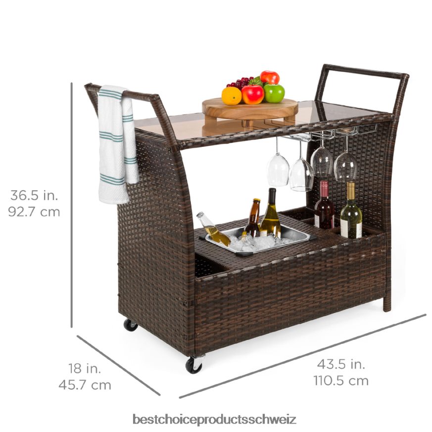 Best Choice Products Servierwagen aus Korbgeflecht mit Rädern, Glastheke und Eiskübel braun 2JD022944
