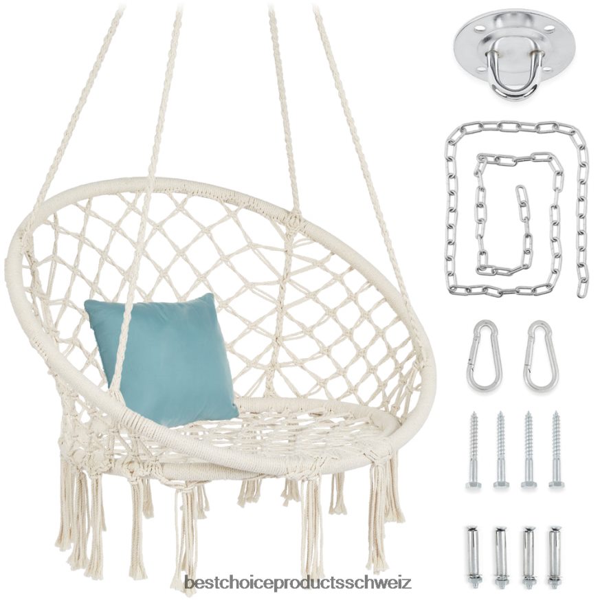 Best Choice Products Baumwoll-Makramee-Hängesessel, handgewebt, mit Rückenlehne Beige 2JD0221464