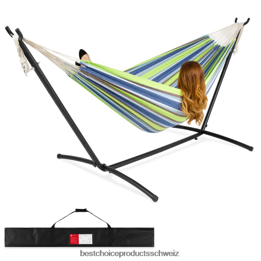 Best Choice Products Doppelhängematte im brasilianischen Stil für 2 Personen mit Tragetasche und Stahlständer blaugrüner Streifen 2JD022877