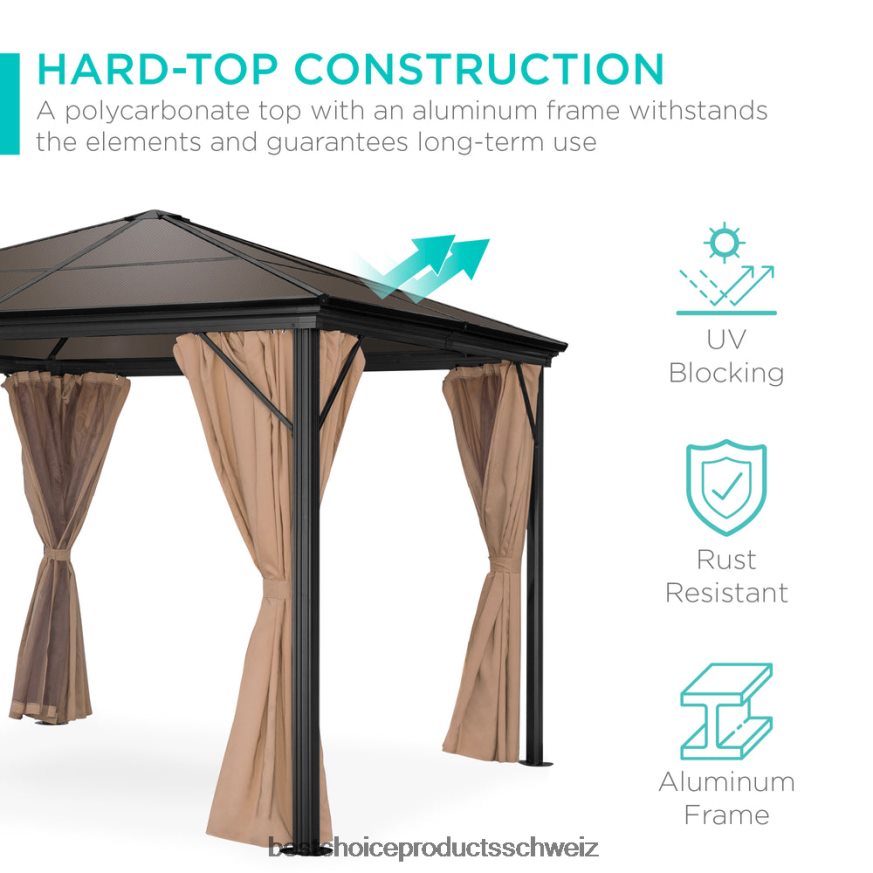 Best Choice Products Hardtop-Pavillon für den Außenbereich mit Aluminiumrahmen, Seitenvorhängen und Netz braun 2JD022856