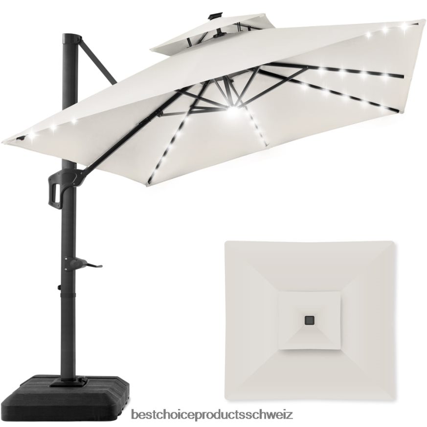 Best Choice Products 2-stufiger, quadratischer, freitragender, versetzter LED-Regenschirm mit 360-Grad-Drehung und Sockel Elfenbein 2JD022906