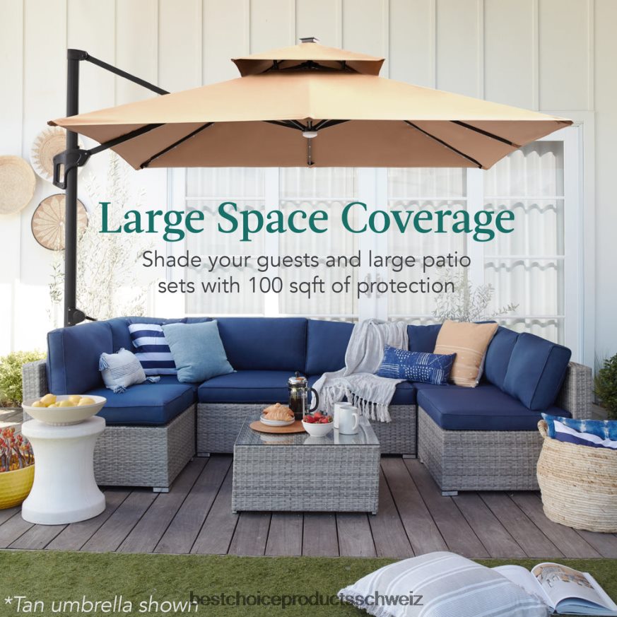 Best Choice Products 2-stufiger, quadratischer, freitragender, versetzter LED-Regenschirm mit 360-Grad-Drehung und Sockel Elfenbein 2JD022906