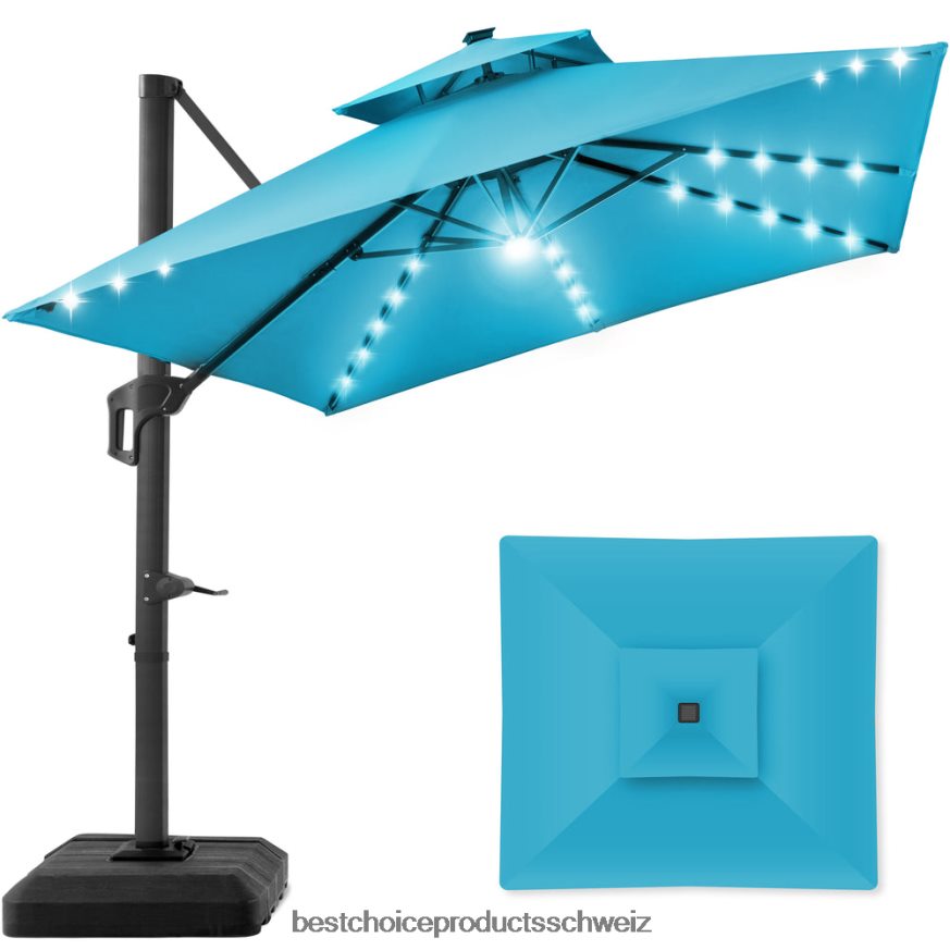 Best Choice Products 2-stufiger, quadratischer, freitragender, versetzter LED-Regenschirm mit 360-Grad-Drehung und Sockel Himmelblau 2JD022902