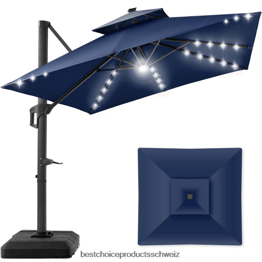 Best Choice Products 2-stufiger, quadratischer, freitragender, versetzter LED-Regenschirm mit 360-Grad-Drehung und Sockel Navy blau 2JD022904