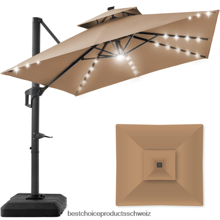 Best Choice Products 2-stufiger, quadratischer, freitragender, versetzter LED-Regenschirm mit 360-Grad-Drehung und Sockel bräunen 2JD022903