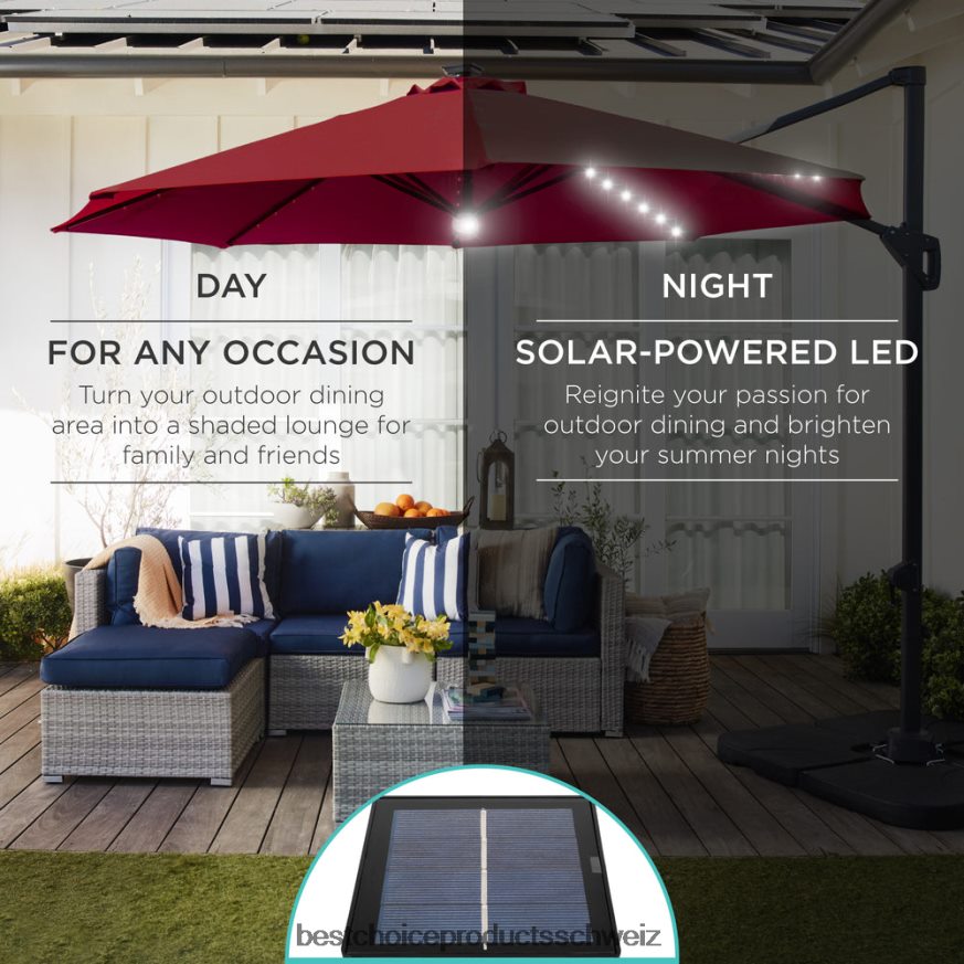 Best Choice Products 360-Grad-Solar-LED-freitragender, versetzter Terrassenschirm mit Neigung Burgund 2JD022888