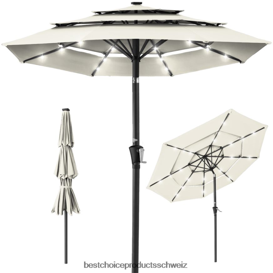 Best Choice Products 3-stufiger Solar-Terrassenschirm mit LED-Beleuchtung, Neigungsverstellung und Kurbel Elfenbein 2JD0221479
