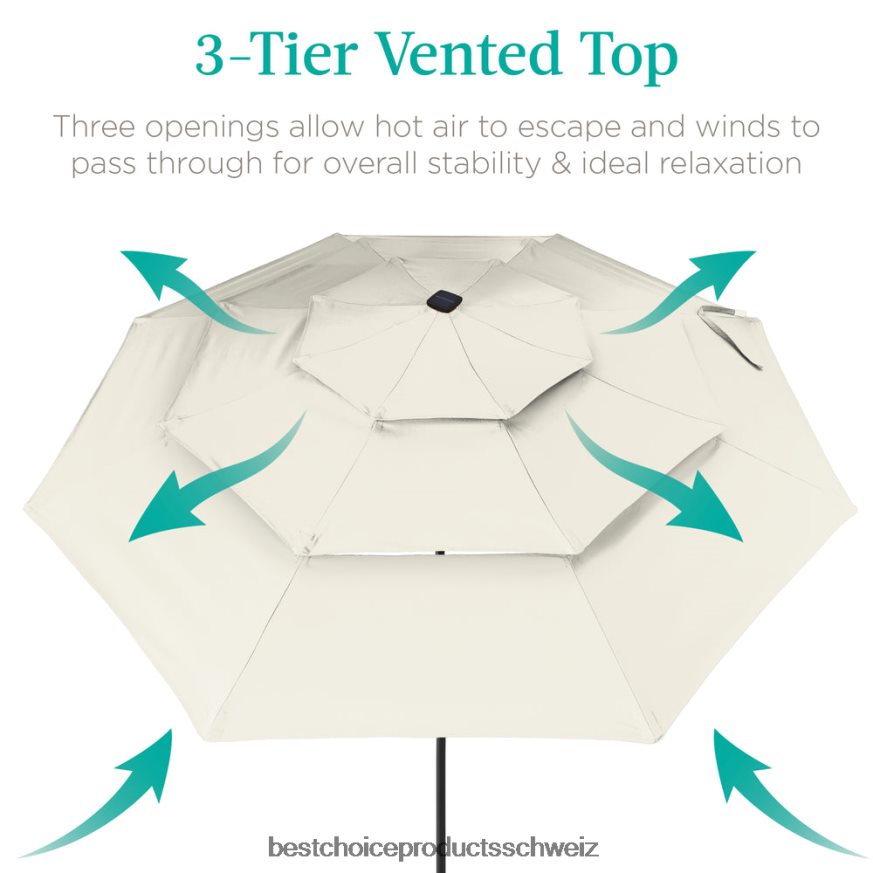 Best Choice Products 3-stufiger Solar-Terrassenschirm mit LED-Beleuchtung, Neigungsverstellung und Kurbel Elfenbein 2JD0221479